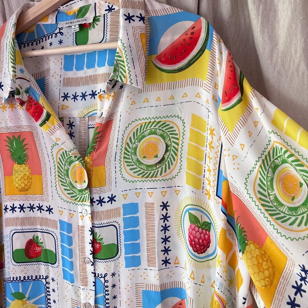 Fruit Print Button Down Blouse 3X Colorful Plus Size Chiffon Whimsical Summer